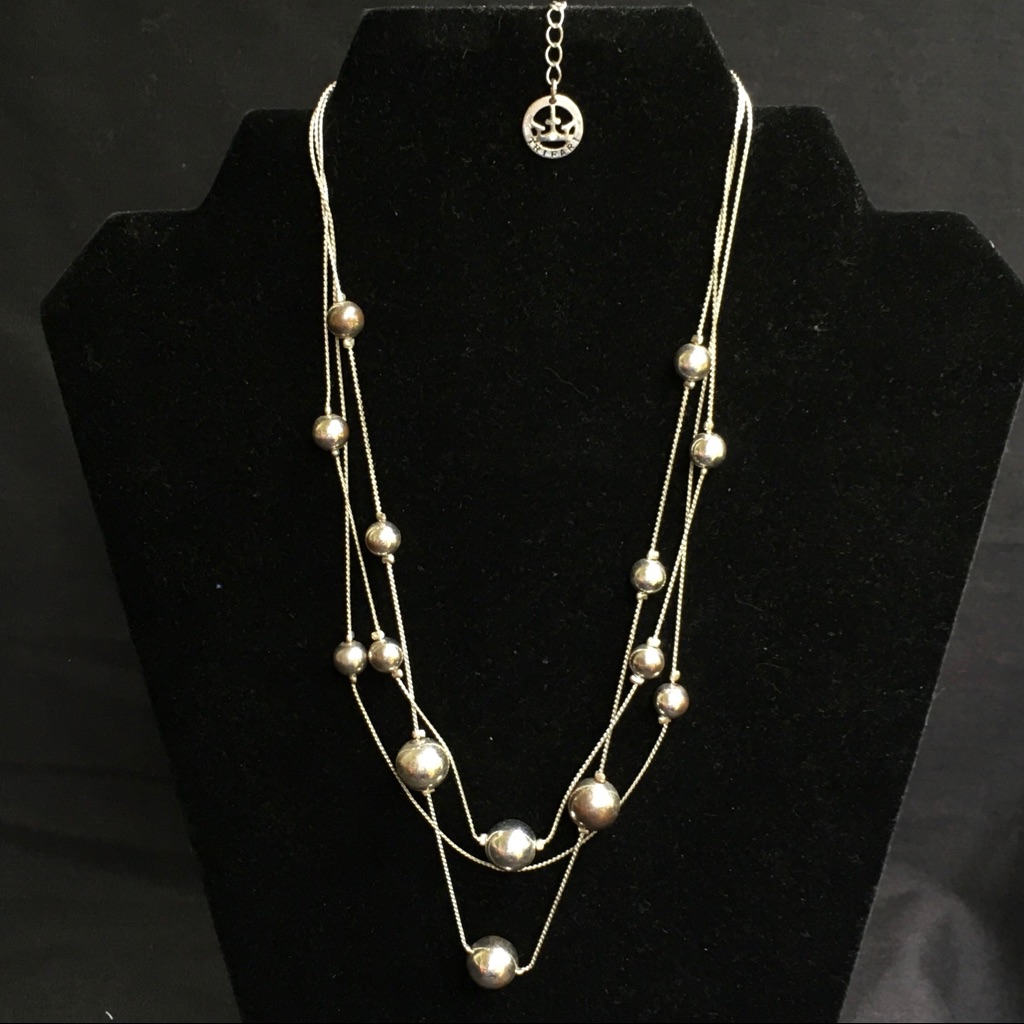 Crown Trifari Triple Strand Silver Beaded Necklace